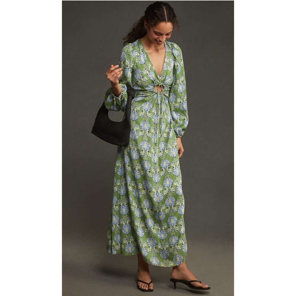 Anthropologie Maxi Dress Let Me Be Long Sleeve V Neck Cutout Floral Vacay XS NWT